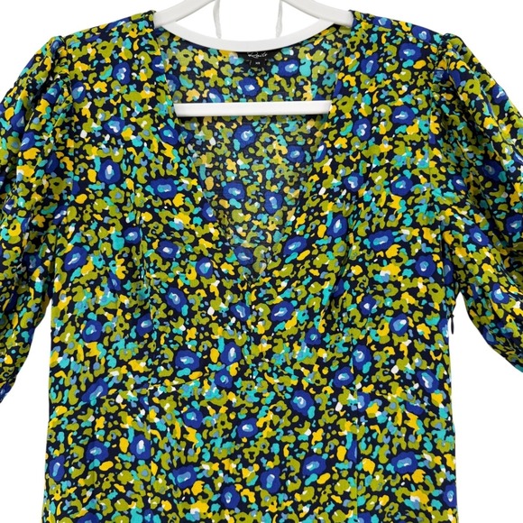 Rails Roma Abstract Floral V-Neck Mini Dress Blue Green Yellow Puff Sleeve XS - Picture 6 of 12